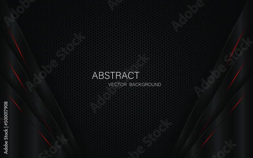 Abstract black polygon with red glowing lines on dark steel mesh background and free space for design.
