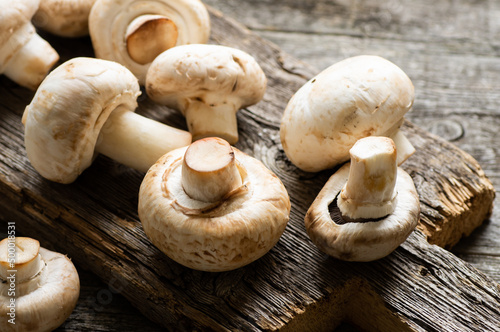 Fresh Raw Cultivated Mushrooms on wooden rustic background