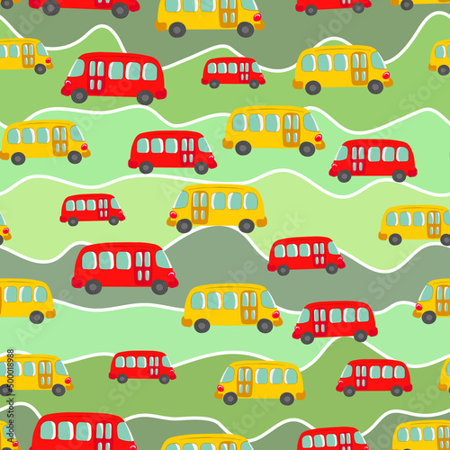 Seamless pattern with cute bus, car on color background. Cartoot transport. Vector illustration. Doodle style. Design for baby print, invitation, poster, card, fabric, textile