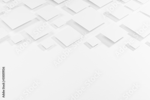 White geometric pattern of rhombuses in sunlight with soft light gradient grey strict shadows as border, copy space, top view. Modern abstract background in futuristic style.