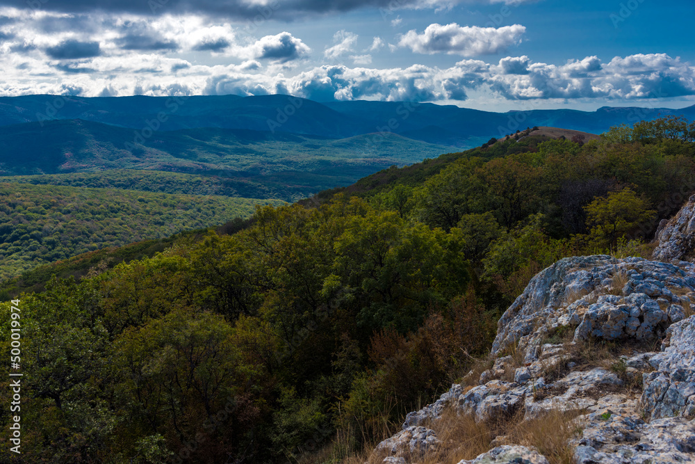 landscape views in early autumn mountains Crimea Baydar Valley