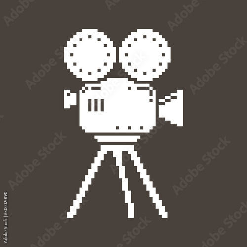 monochrome simple vector flat pixel art icon of classic tripod camera with reels