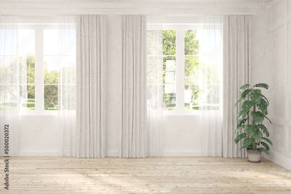 White empty room with summer landscape in window. Scandinavian interior design. 3D illustration White empty room with summer landscape in window. Scandinavian interior design. 3D illustration