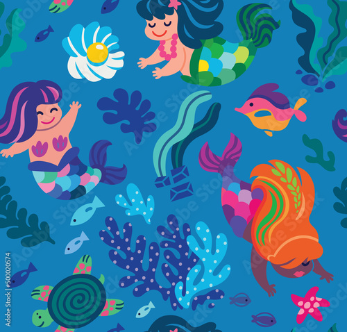 Cute little mermaids seamless pattern. Vector illustration
