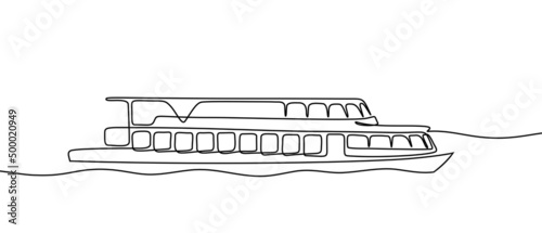 Tour boat in continuous line art drawing style. Water taxi minimalist black linear design isolated on white background. Vector illustration