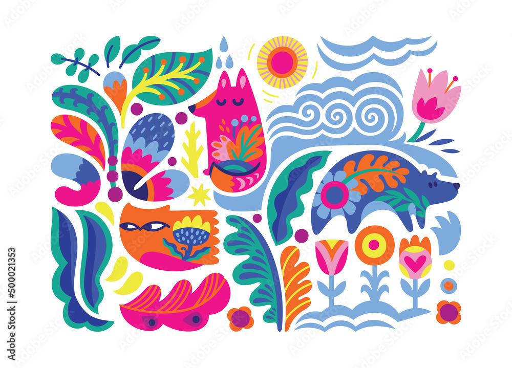 Scandinavian folk art ornament with animals and flowers Scandinavian folk art ornament with animals and flowers