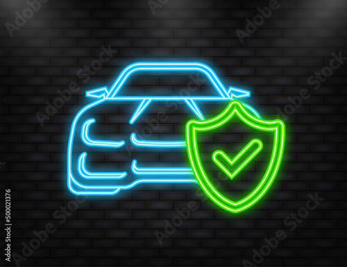 Neon Icon. Flat infographic. Car insurance icon on blue background. Flat isometric vector illustration.