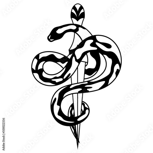 Ball python and dagger laser cut file for cut, Black silhouette snake and sword, Serpent vector illustration
