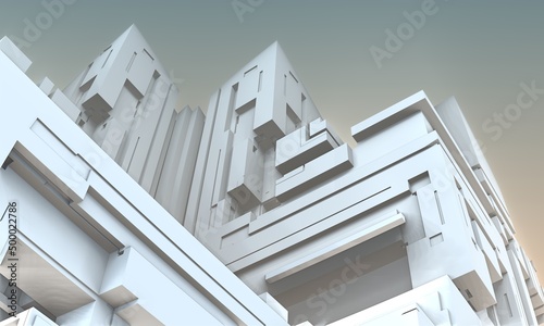 Epic and glorious 3d view of fictional epic building in dramatic perspective from the bottom to the sky. Modern monochromatic concrete architecture concept with multiple geometric ledges and elements.