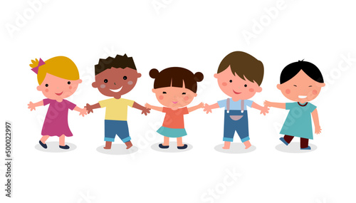 Happy kids group holding hands. Vector illustration. Friendship concept