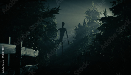 Photography Monster with disproportionate body structure in the forest footpath