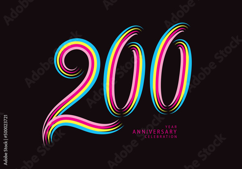 200 number design vector, graphic t shirt, 200 years anniversary celebration logotype colorful line, 200th birthday logo, Banner template, logo number elements for invitation card, poster, t-shirt. photo