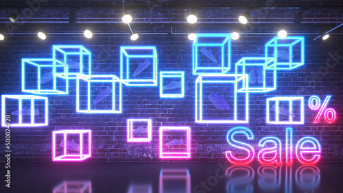 3D render lighting neon font glowing for show premium beauty fashion or technology product about discount on brick background