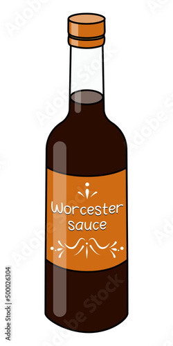 Doodle cartoon classic British Worcestershire or Worcester sauce in a bottle. Traditional salad seasoning or Bloody Mary cocktail ingredient