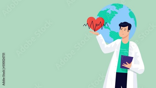 Cardiologist reporting about heart diseases spreading in the world animation. Doctor holding heart icon. 4K video. Chroma key background.