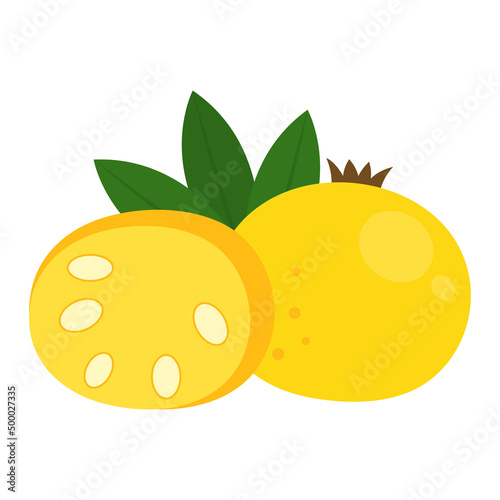 Yellow araza whole fruit and half sliced isolated on white background. Eugenia stipitata, araçá or araçá-boi icon for package design. Vector illustration of exotic fruits in flat style. photo