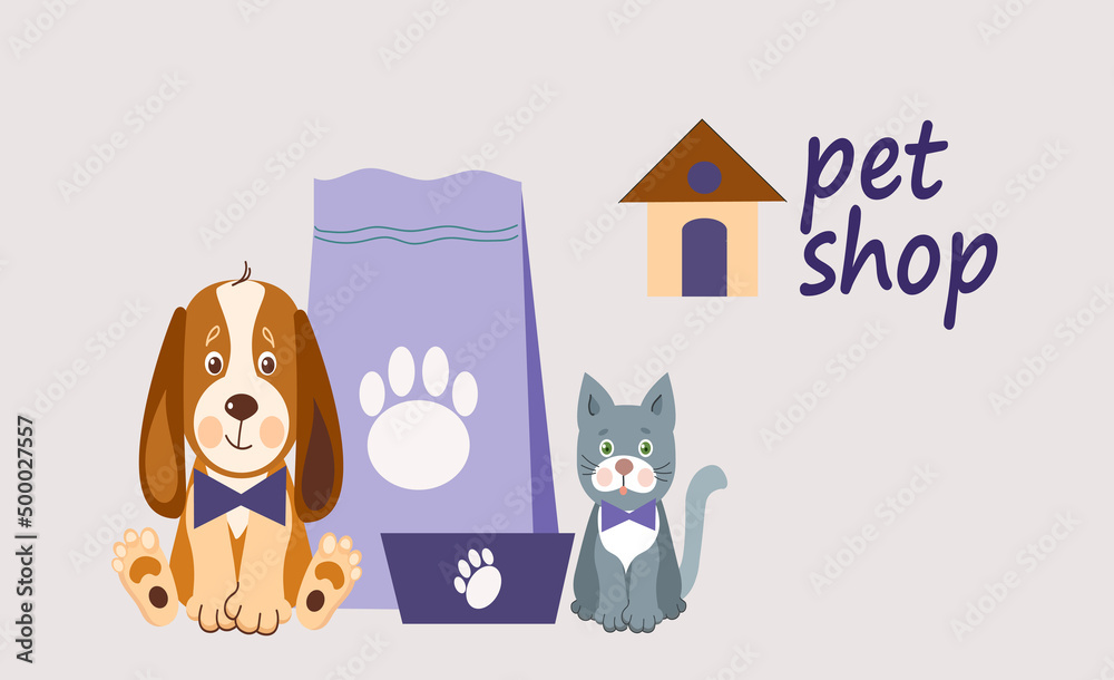 Fototapeta premium Pet shop banner design template. Vector cartoon illustration of cats, dogs, house, food