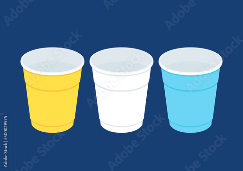 Party cup isolated on blue background, vector illustration. Yellow, White and Blue beer cup vector. Beer pong.