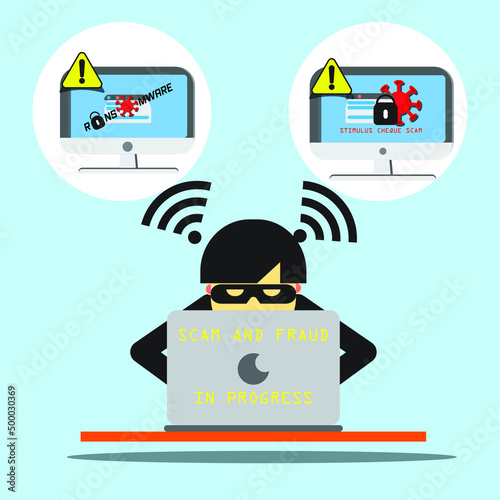Scam alert. Hacker attack and web security vector concept, phishing scam.