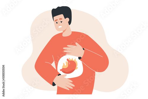 Man having heartburn flat vector illustration. Male person having stomachache, pancreas, problem with stomach, pain in abdomen. Gastroenterology, disease, gastritis concept