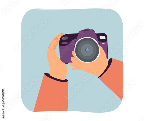 Hands holding camera flat vector illustration. Photographer taking photo or picture of people or landscapes. Hobby, photography, occupation concept for banner, website design or landing web page