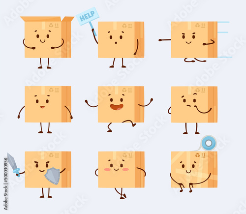 Smiling cardboard box cartoon character vector illustrations set. Cute open and closed comic packages, funny package with face isolated on grey background. Delivery service, warehouse concept