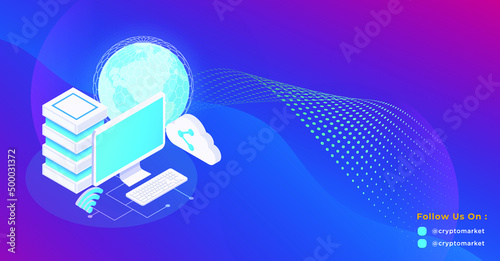 Crypto cloud mining coin, virtual computer mining vector illustration. Crypto mining farm isometric illustration.