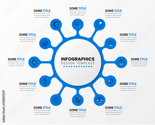 Infographic template with icons and 12 options or steps. Circle