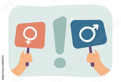 People holding placards with gender symbols. Exclamation sign between male and female signs flat vector illustration. Equality, freedom concept for banner, website design or landing web page