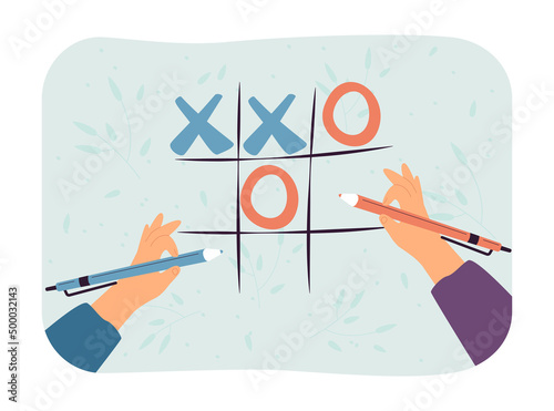 Hands holding pens and drawing oughts and crosses. People or friends playing tic-tac-toe flat vector illustration. Recreation, friendship, game concept for banner, website design or landing web page