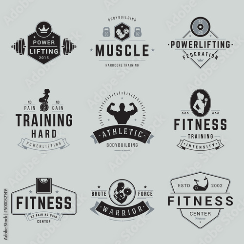 Collection vintage fitness logo decorative design with place for text vector illustration. Set retro athletic badge gym club exercise, powerlifting, hard training, sport workout, bodybuilding emblem