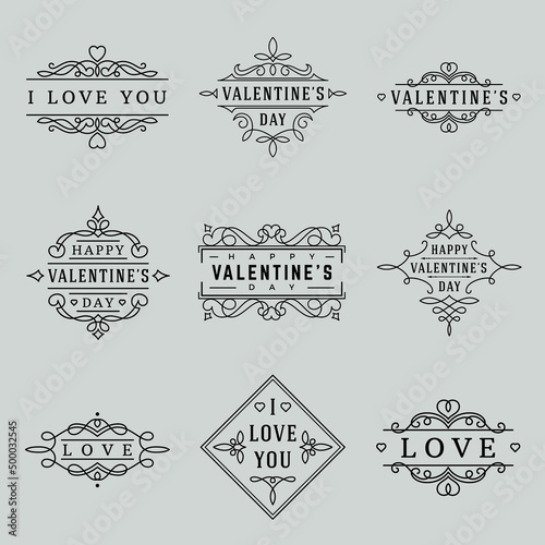 Set retro Valentines Day celebration monochrome badge romantic decorative symbol of love and tenderness vector illustration. Collection traditional February enamored holiday vintage line logo