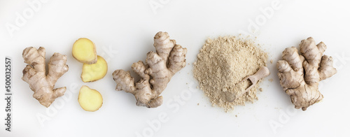 Set of fresh ginger root with slice and powder islolated on white background. Top view.
