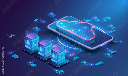 Data processing center, cloud computing technologies. Connecting server farm to the Internet. Isometric server Room and Big Data Processing Concept, Cloud Data Processing Center. Vector illustration