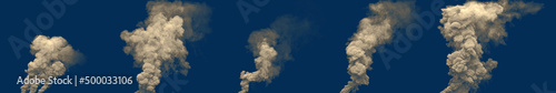5 dirty pollution smoke columns from waste burning on blue, isolated - industrial 3D illustration