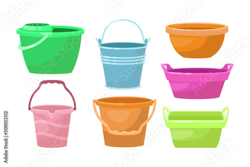 Different plastic basins for water flat vector illustrations set. Buckets, bowls, tubs and washbowls for washing dishes or doing laundry isolated on white background. Housekeeping or housework concept