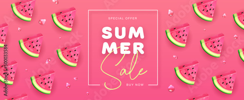 Summer sale poster with slices of watermelon on pink background. Summer watermelon background. Vector illustration