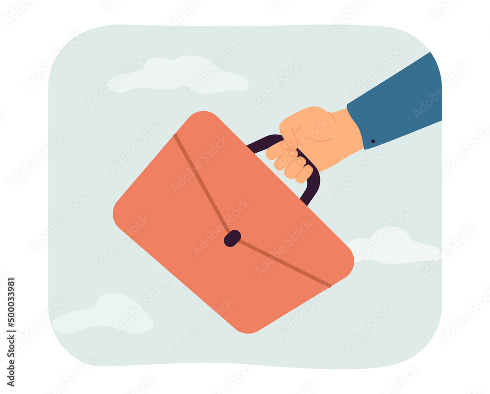 Briefcase in hand flat vector illustration. Businessman going at work, carrying suitcase with documents, agreements or contracts. Occupation concept for banner, website design or landing web page Briefcase in hand flat vector illustration. Businessman going at work, carrying suitcase with documents, agreements or contracts. Occupation concept for banner, website design or landing web page