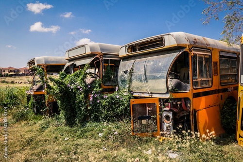 Rusted and Crushed Buses on the Tank Graveyard in Asmara, Eritrea