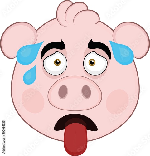 Vector illustration of the face of an exhausted cartoon pig with his tongue out and beads of sweat on his head