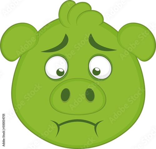 Vector illustration of the face of a cartoon pig with a green color of nausea

