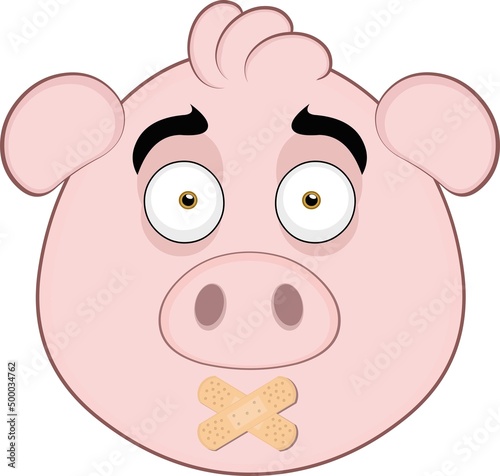 Vector illustration of the face of a cartoon pig with adhesive bands on the mouth

