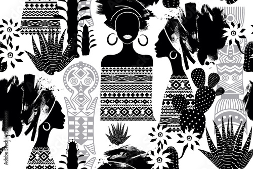 African women and cactus flowers. BLM theme. Black and white seamless background.