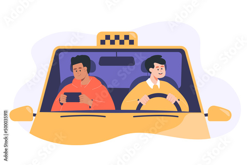 Taxi driver and client inside car flat vector illustration. Male passenger sitting in car cabin and looking at mobile phone screen. Guy looking at windscreen. Vehicle, work concept