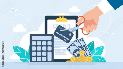 Loan repayment. Lending. Loan cancellation. Denial of funding. Lending metaphor. Mortgage or credit form with stamp approved. Bank service abstract concept. Credit rating. Flat vector illustration. photo