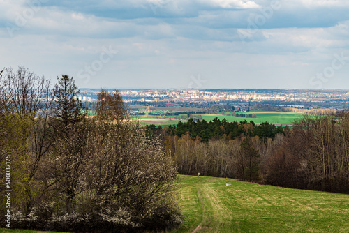 Frydek-Mistek city from meadow bellow Metylovicka hurka hill summit in Czech republic photo