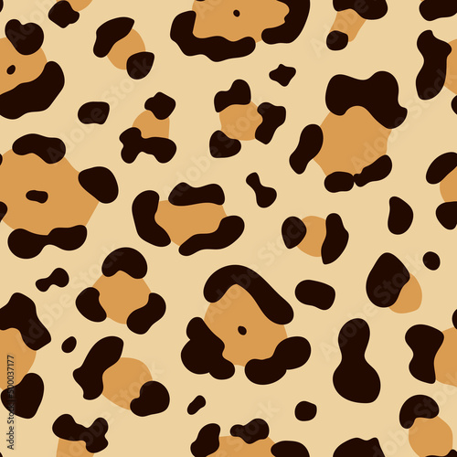 Leopard seamless pattern. Vector hand drawn wild animal leo skin, yellow cheetah texture with black and brown spots for fashion print design, fabric, textile, wrapping paper, background, wallpaper