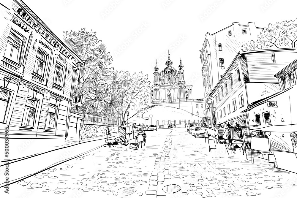 Andrew's Church. Andrew's Descent. Kyiv. Ukraine. Hand drawn sketch. Vector illustration.