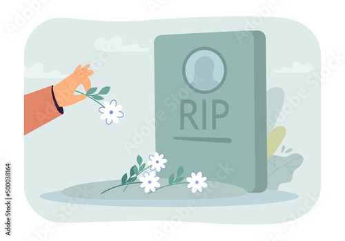 Hand putting flowers on tombstone flat vector illustration. Person mourning and visiting cemetery. Funeral ceremony, memorial, grave concept for banner, website design or landing web page