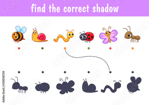 Set of cute insects  bee  worm  ant  butterfly  dragonfly  bee  snail. Find the correct shadow. Educational game for children. Cartoon vector illustration  color clipart.